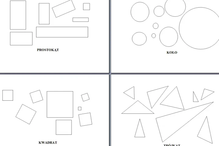 Karta pracy figury geometryczne: prostokąty, koła, kwadraty i trójkąty.