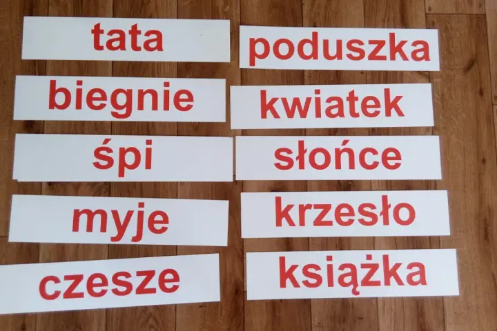 Karty do druku z wyrazami do nauki czytania globalnego: tata, biegnie, śpi, myje, czesze, poduszka, kwiatek, słońce, krzesło, książka.