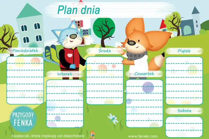 Plan dnia dla dziecka 10 lat z kotkiem i liskiem. Tygodniowy harmonogram z miejscem na wpisanie zadań na każdy dzień.