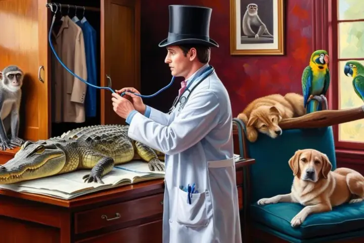 Doktor Dolittle i jego zwierzęta bohaterowie: doktor w cylindrze bada aligatora, podczas gdy małpa, dwa psy i papugi obserwują.