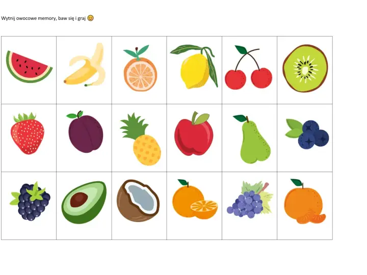 Proste wycinanki do druku: arbuz, banan, pomarańcza, cytryna, wiśnie, kiwi, truskawka, śliwka, ananas, jabłko, gruszka, borówki, jeżyna, awokado, kokos, mandarynka, winogrona.