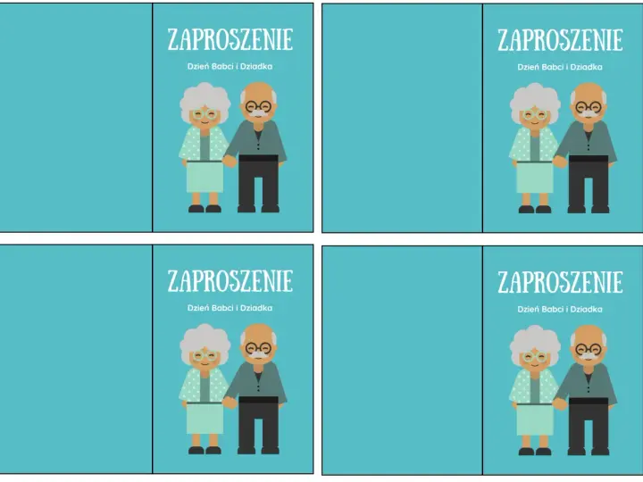 Zaproszenie na Dzień Babci i Dziadka. Uśmiechnięci dziadkowie trzymają się za ręce.