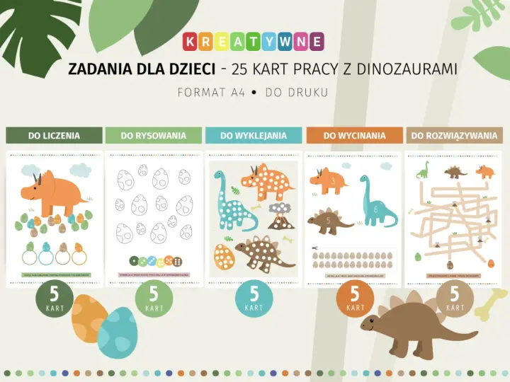 Kreatywne dinozaury karty pracy do druku: liczenie, rysowanie, wyklejanie, wycinanie i rozwiązywanie labiryntów.