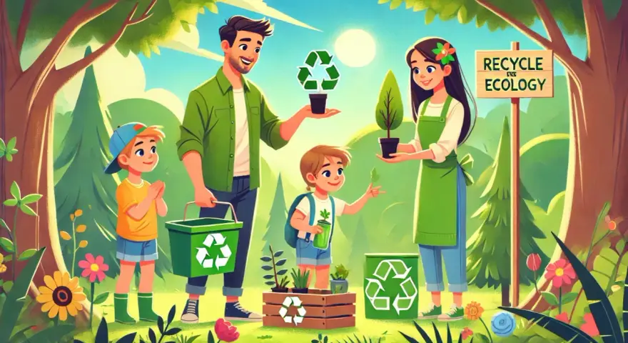 Rodzina sadzi drzewka, ucząc dzieci ekologii i recyklingu. Wszyscy w zielonych ubraniach, otoczeni naturą i symbolami recyklingu.