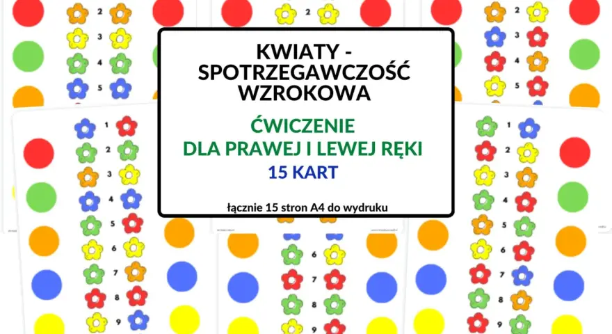 Kolorowe kwiatki i kropki do ćwiczeń na spostrzegawczość wzrokową. Materiały do druku dla dzieci.