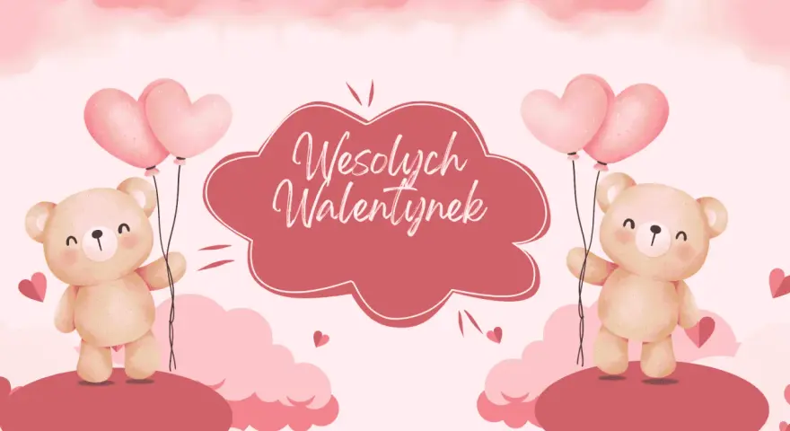 Urocze misie z balonami w kształcie serc, idealne na kartki walentynkowe do druku.