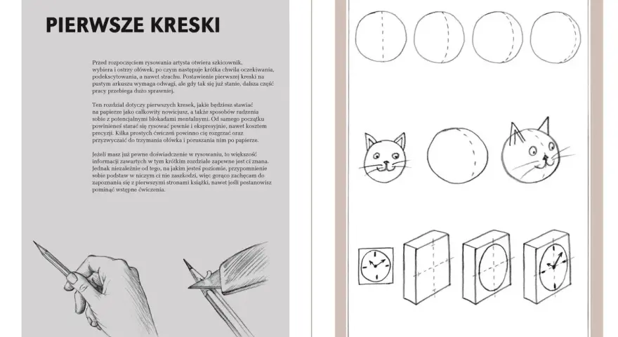 Ilustracje pokazują, jak nauczyć się rysować, od prostych kółek i kotków po zegary i bryły.
