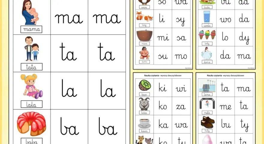 Łatwe ćwiczenia nauka czytania: mama, tata, lala, baba, sowa, lis, misa, sumo, buda, woda, lody, dama, kiwi, koza, kawa, koty, tama, meta, buty, wata.