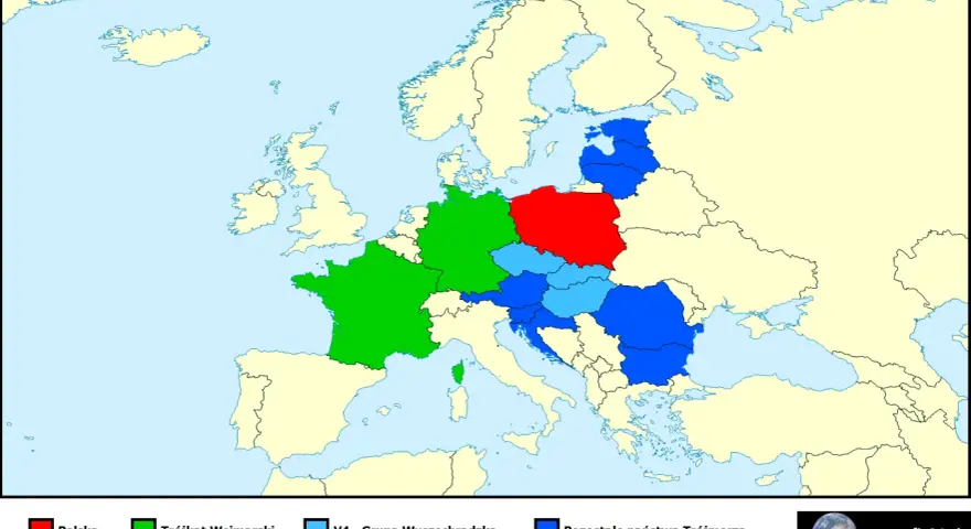 Mapa Europy z podziałem politycznym: Polska (czerwona), Trójkąt Weimarski (zielony), V4 (jasnoniebieski), pozostałe państwa Trójmorza (niebieski).