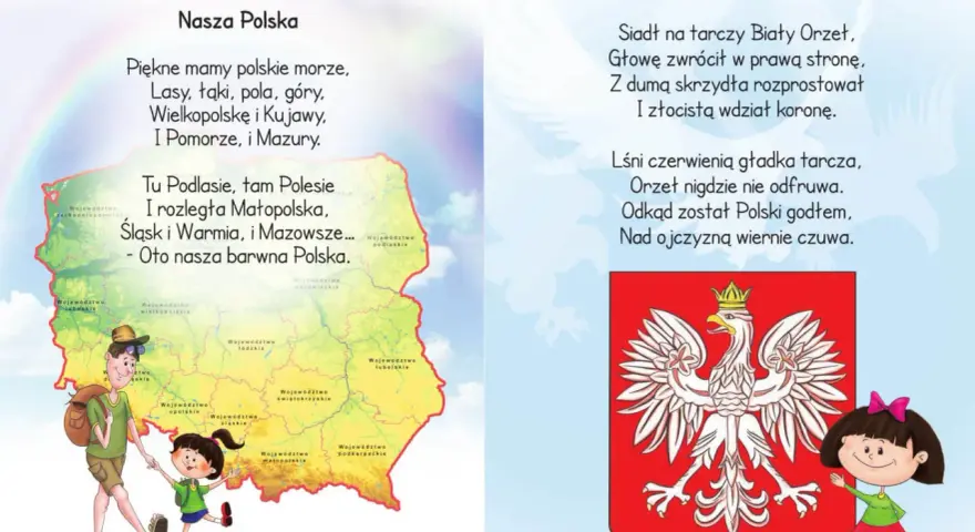Krótkie wiersze patriotyczne dla dzieci o Polsce i godle. Dzieci poznają piękno kraju i symbol Orła Białego.