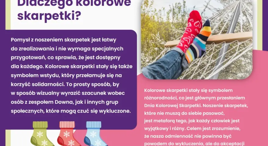 Nogi w kolorowych skarpetkach w hamaku. Obrazek promuje Dzień Kolorowej Skarpetki, symbol różnorodności i akceptacji.