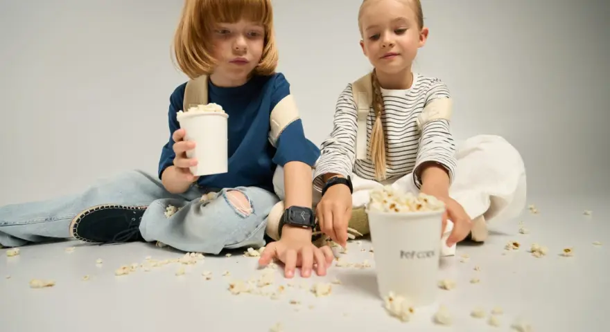 Dzieci siedzą na podłodze, jedząc popcorn z kubków. To idealny moment na wspólne oglądanie bajek, a kieszonkowe dla dziecka na przekąski zawsze się przyda.