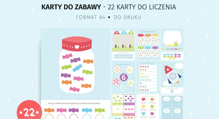 Kreatywne karty do zabawy: 22 karty do liczenia, format A4 do druku. Dzieci robią zakupy, licząc cukierki i rybki.