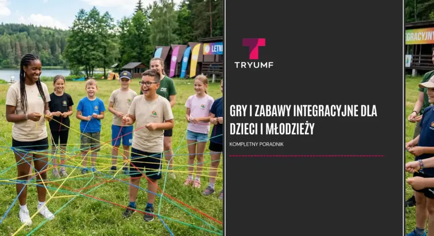 Grupa młodzieży bierze udział w grach integracyjnych na świeżym powietrzu, tworząc kolorową sieć z lin.