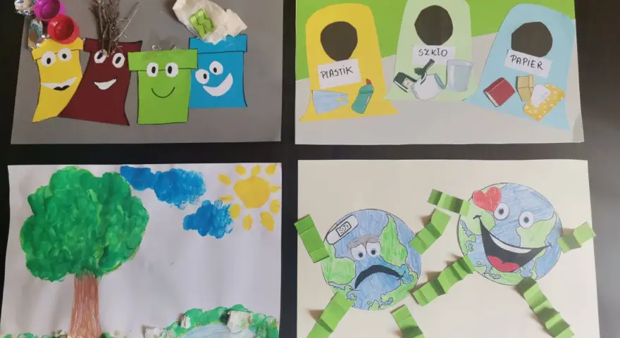 Prace plastyczne o segregacji śmieci: wesołe kosze, pojemniki na plastik, szkło, papier i Ziemia z bandażem.