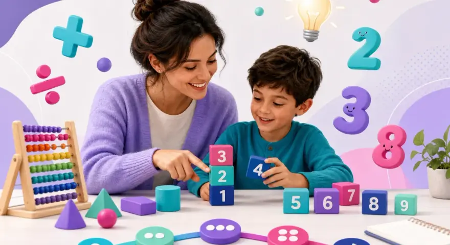 Mama i syn budują wieżę z klocków z cyframi, ucząc się, jak nauczyć dziecko matematyki. W tle liczby i symbole matematyczne.