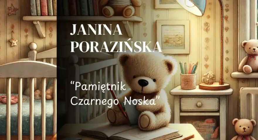 Miś pisze w pamiętniku "Pamiętnik Czarnego Noska". W tle łóżeczko i półka z książkami.