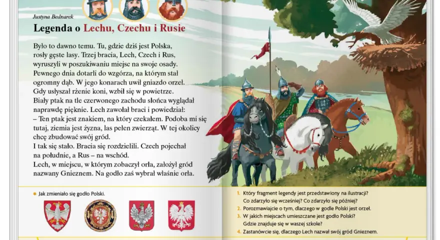 Ilustracja do legendy o Lechu, Czechu i Rusie. Bracia na koniach widzą orła na dębie, symbolizującego początek Polski.