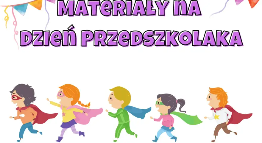 Superbohaterowie biegają, szukając pomysłów na Dzień Przedszkolaka. Kolorowe chorągiewki dodają radości.