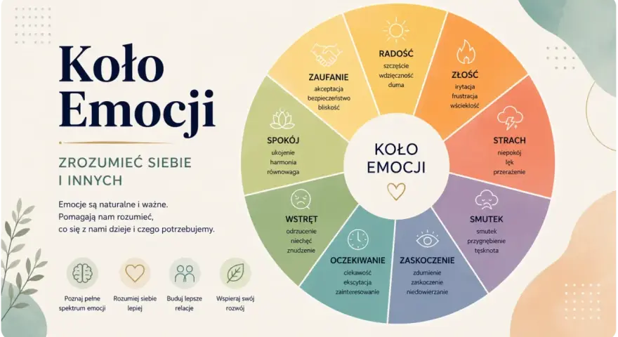 Koło Emocji: narzędzie do zrozumienia siebie i innych. Pomaga dzieciom zadawać mądre pytania o uczucia, budując empatię i lepsze relacje.