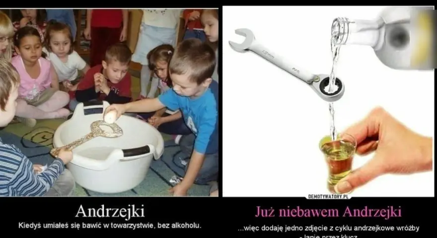 Dzieci bawią się w andrzejkowe wróżby z kluczem i jajkiem. Obok zdjęcie z butelki leje się alkohol przez klucz do kieliszka.