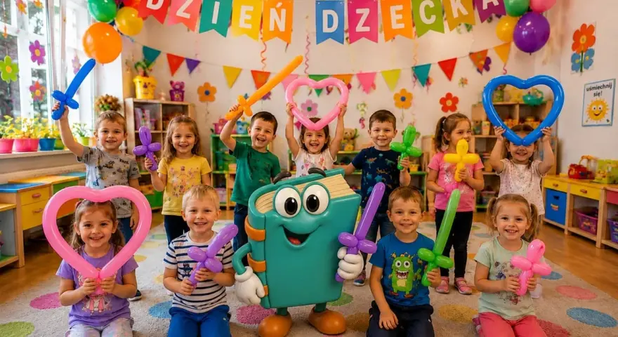 Radosne przedszkolaki świętują Dzień Dziecka z balonowymi mieczami i sercami. Wesołe atrakcje na dzień dziecka w przedszkolu!