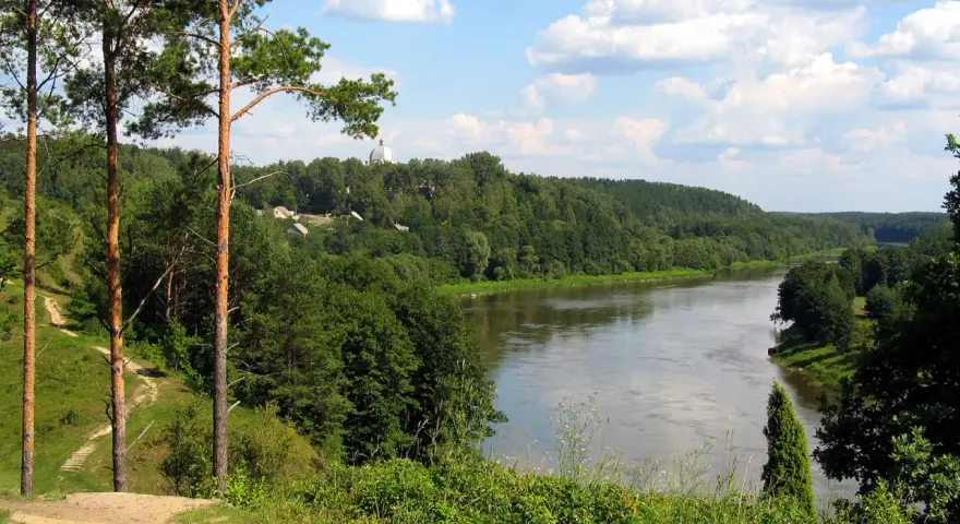 Malowniczy widok na rzekę Niemen, otoczoną lasami. W oddali widać kopułę kościoła, przykłady nazwy własne.