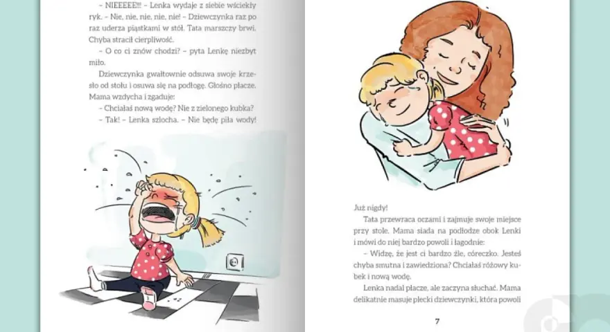 Mama uspokaja płaczącą Lenkę, która nie dostała różowego kubka. Pokazuje, jak uspokoić dziecko, gdy jest smutne i zawiedzione.