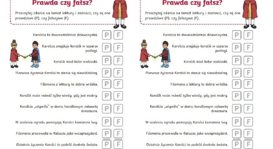 Test wiedzy o lekturze "Karolcia". Zadanie polega na zaznaczeniu, czy zdania o przygodach Karolci są prawdziwe (P) czy fałszywe (F).