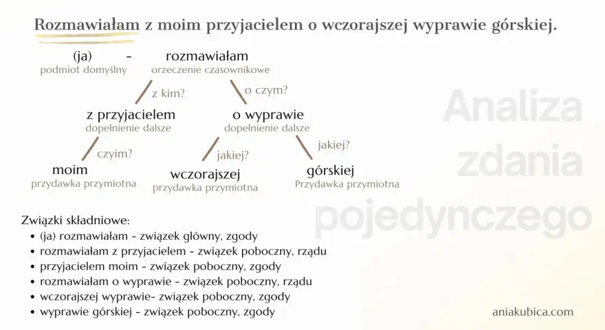 Analiza zdania pojedynczego: "Rozmawiałam z moim przyjacielem o wczorajszej wyprawie górskiej.