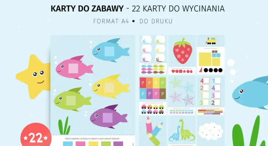 Kreatywne karty do zabawy, 22 karty do wycinania z rybkami, samochodami, dinozaurami i innymi elementami do druku.