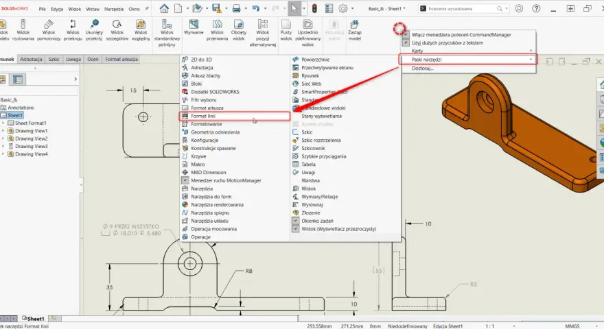 Nauka rysowania krok po kroku: wybór "Format linii" z menu Narzędzia w programie CAD.