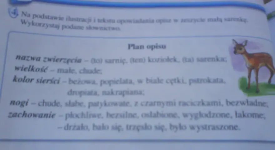 Opis zwierzęcia klasa 3: mała, chuda sarenka o beżowej sierści w białe cętki, płochliwa i wystraszona.