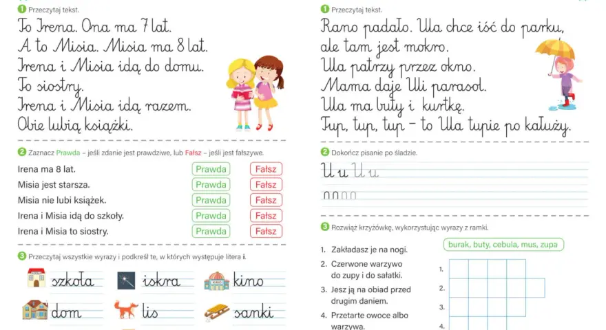 Karty pracy klasa 1: ćwiczenia z samogłoskami "i" i "u", czytanie, pisanie i rozwiązywanie krzyżówki.