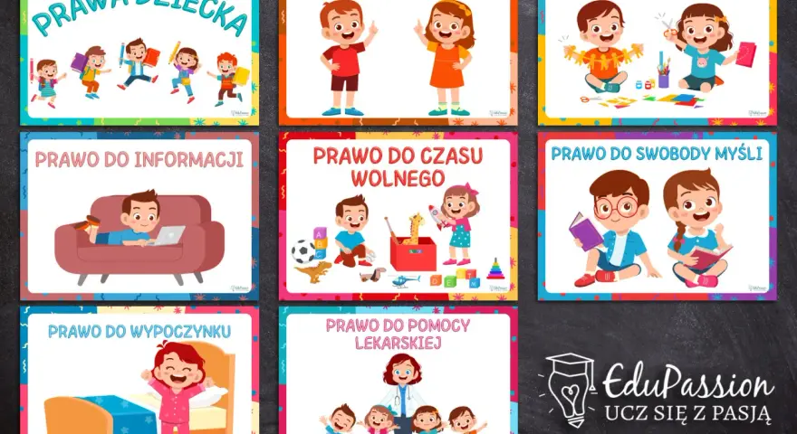 Karty pracy "Prawa dziecka" ilustrują prawa do życia, rozwoju, informacji, czasu wolnego, wypoczynku, swobody myśli i pomocy lekarskiej.