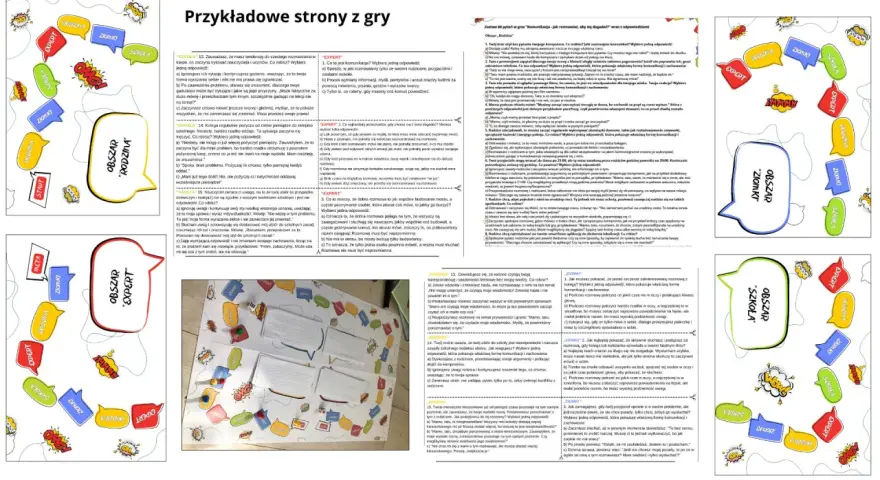 Karty pracy z pytaniami i odpowiedziami, ilustracje postaci i dymki dialogowe. Temat: komunikacja karty pracy.