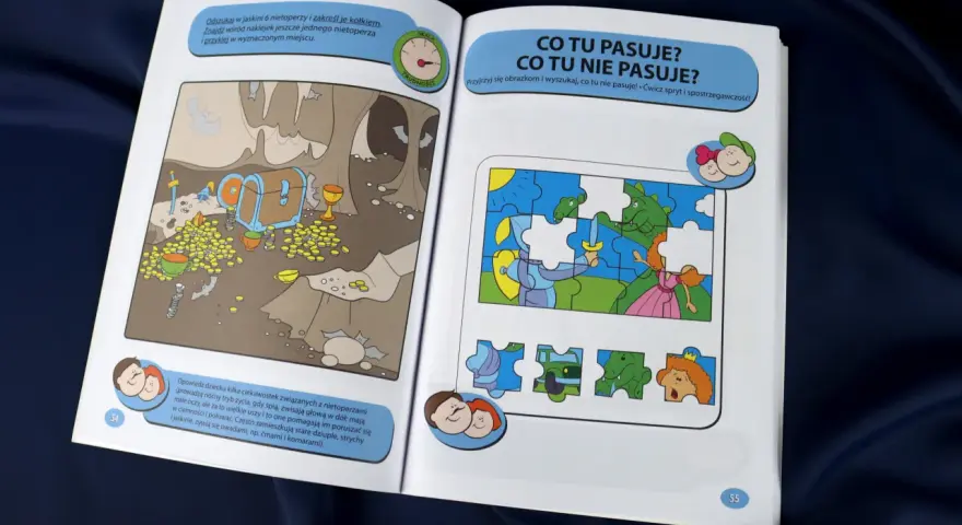 Książka z zadaniami dla dzieci: szukanie nietoperzy w jaskini i układanie puzzli. Świetne pomysły na nagrody dla dzieci, rozwijające spostrzegawczość.