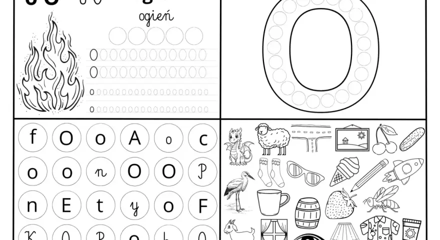 Karta pracy z literą "O" i obrazkami: ogień, smok, owca, bocian, koza, okno, oko, lampa, koszula, krem.