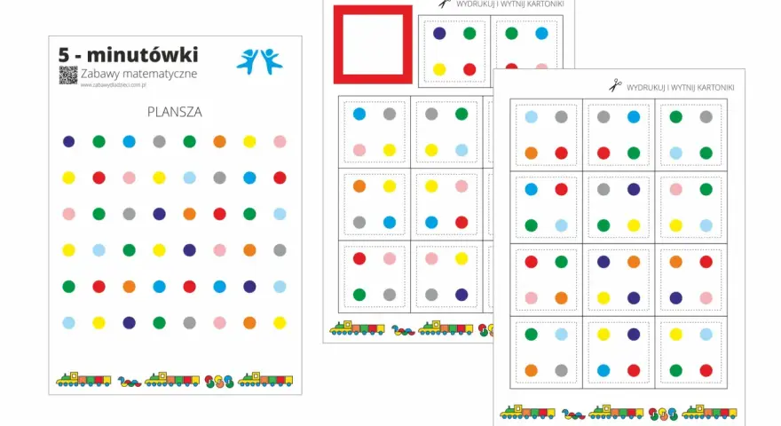 Plansza z kolorowymi kropkami i kartoniki do wycięcia, idealne do kodowania do druku. Zabawy matematyczne dla dzieci.