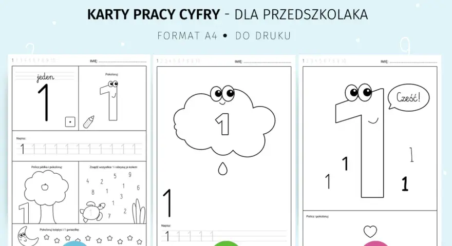 Karty pracy cyfry dla przedszkolaka: nauka pisania i liczenia liczby 1. Zabawy z rysowaniem i kolorowaniem.