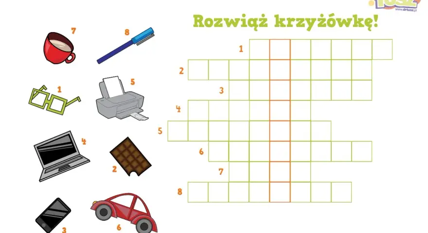 Rozwiąż krzyżówki dla dzieci online! Obrazek przedstawia przedmioty: okulary, czekoladę, telefon, laptop, drukarkę, kubek, długopis i samochód, które trzeba dopasować do pól w krzyżówce.