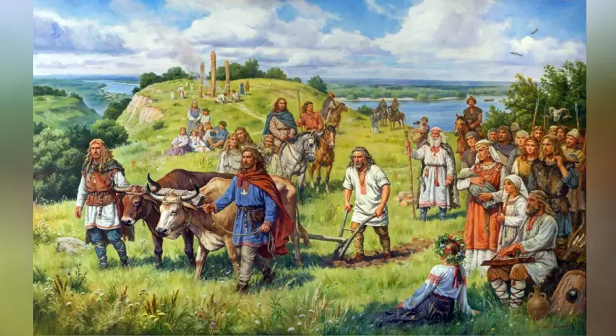 Scena z legendy o trzech braciach: ludność słowiańska w tradycyjnych strojach, orka, bydło, jeźdźcy, święte kamienie.