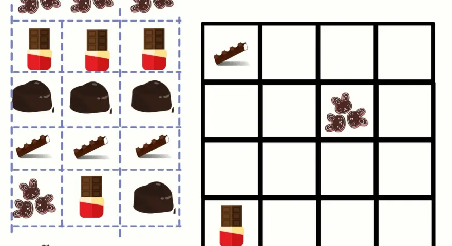 Karty pracy z motywem dnia czekolady: czekoladowe sudoku z różnymi słodkościami do ułożenia.