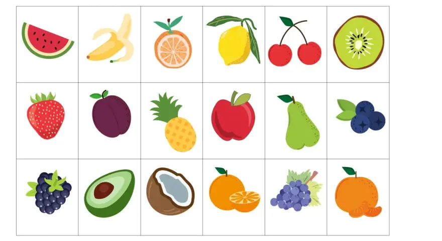 Proste wycinanki do druku: arbuz, banan, pomarańcza, cytryna, wiśnie, kiwi, truskawka, śliwka, ananas, jabłko, gruszka, borówki, jeżyna, awokado, kokos, mandarynka, winogrona.