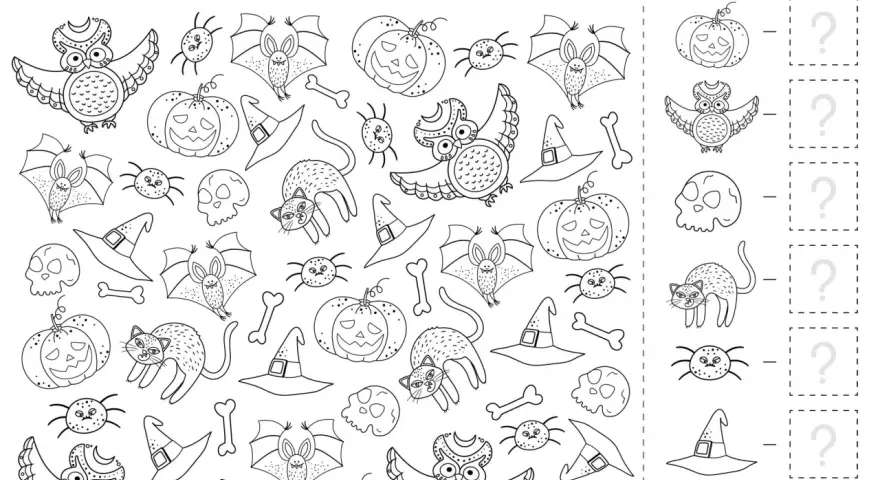 Zadania na Halloween: szukaj nietoperzy, sów, dyni, kotów, pająków, kapeluszy i kości.