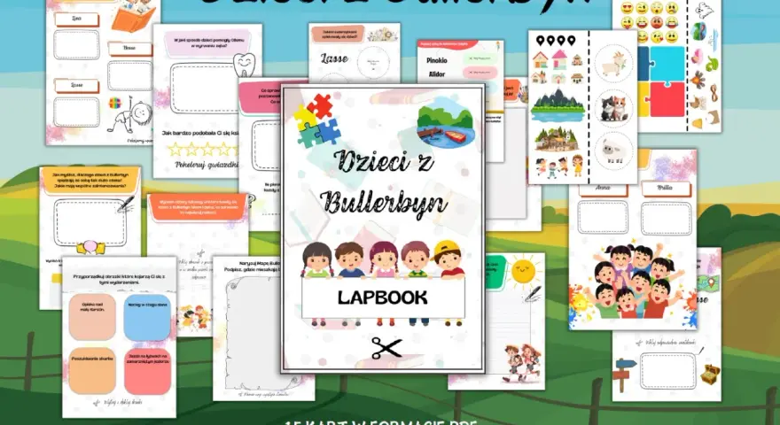Zestaw zadań do lapbooka "Dzieci z Bullerbyn" - streszczenie przygód, bohaterów i zabaw.