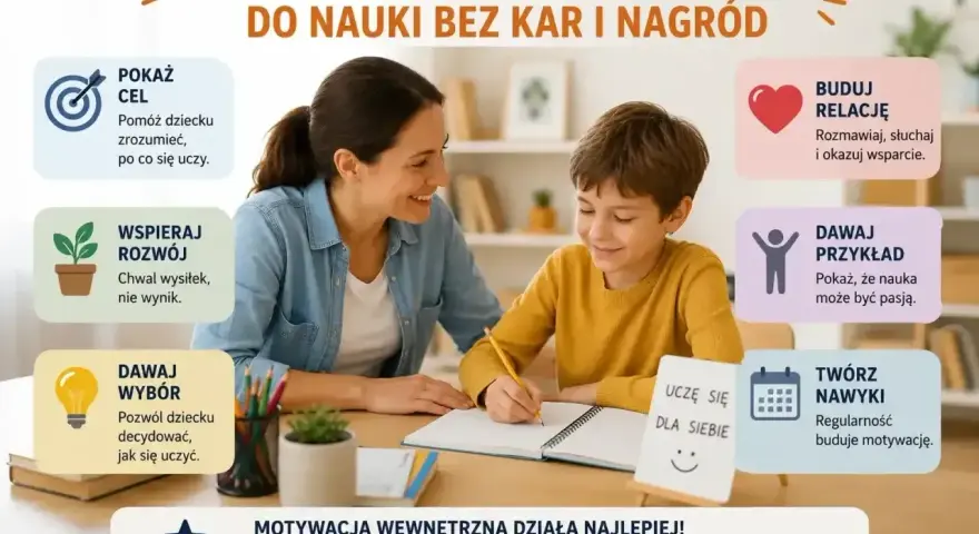 Kobieta i chłopiec uczą się razem. Grafika pokazuje, jak zmotywować dziecko do nauki, skupiając się na budowaniu relacji, dawaniu przykładu i wspieraniu rozwoju.