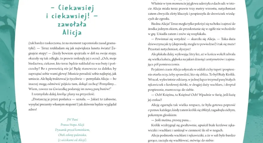 Plan wydarzeń Alicji w Krainie Czarów: Alicja rośnie, płacze, spotyka Białego Królika.