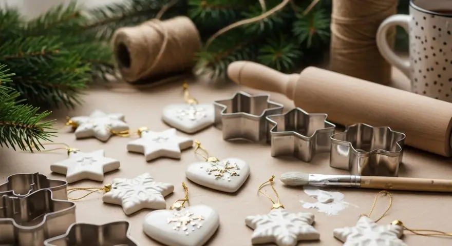 Pomysły na ozdoby z masy porcelanowej: gwiazdki, serduszka, foremki, pędzelek i gałązki świerku.
