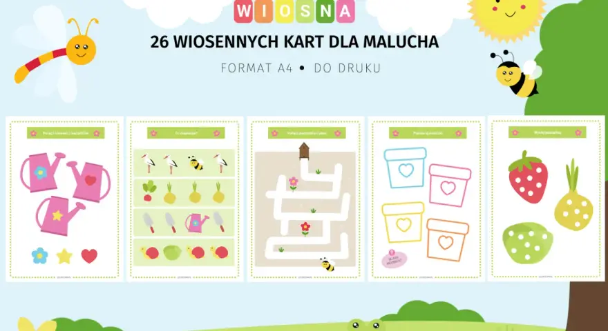 Wiosenne karty pracy dla malucha: dopasuj konewki, znajdź różnice, poprowadź pszczółkę do ula, pokoloruj doniczki i wyklej owoce.